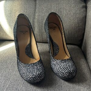 John Fluevog Attention Paris Dotted Black and White Heels